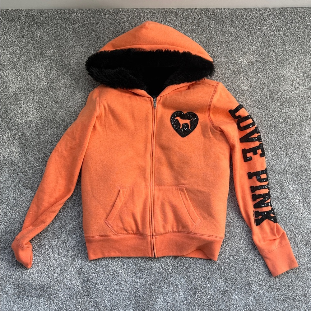 PINK Limited Edition Victoria's Secret Zip Up Hoodie with Black Fur Lining